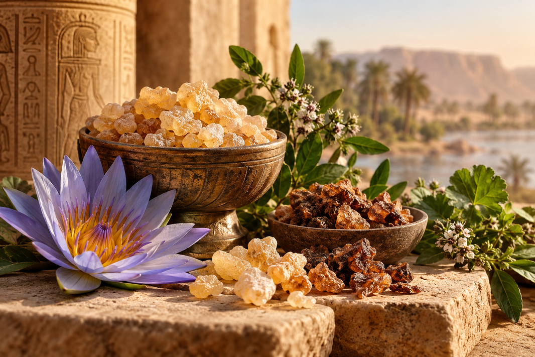 Ancient African aromatics with frankincense resin, myrrh and blue lotus inspired by Africa’s botanical and aromatic heritage.