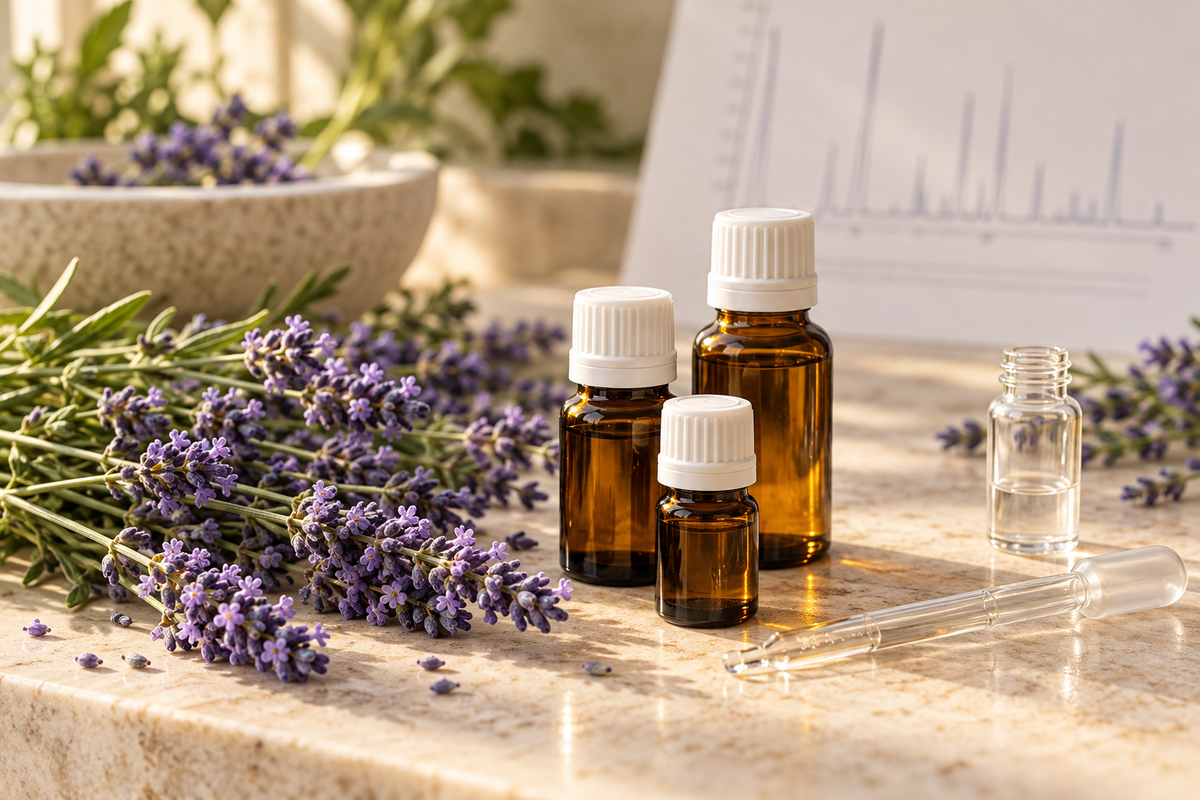 Amber essential oil bottles with white caps, lavender sprigs, and a glass pipette beside a softly blurred laboratory report.