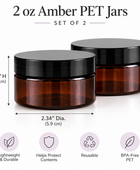 Two 2 oz amber PET jars with black lids on a white background, with text showing dimensions and feature icons for lightweight, durable, content protection, reusable, and BPA-free PET.