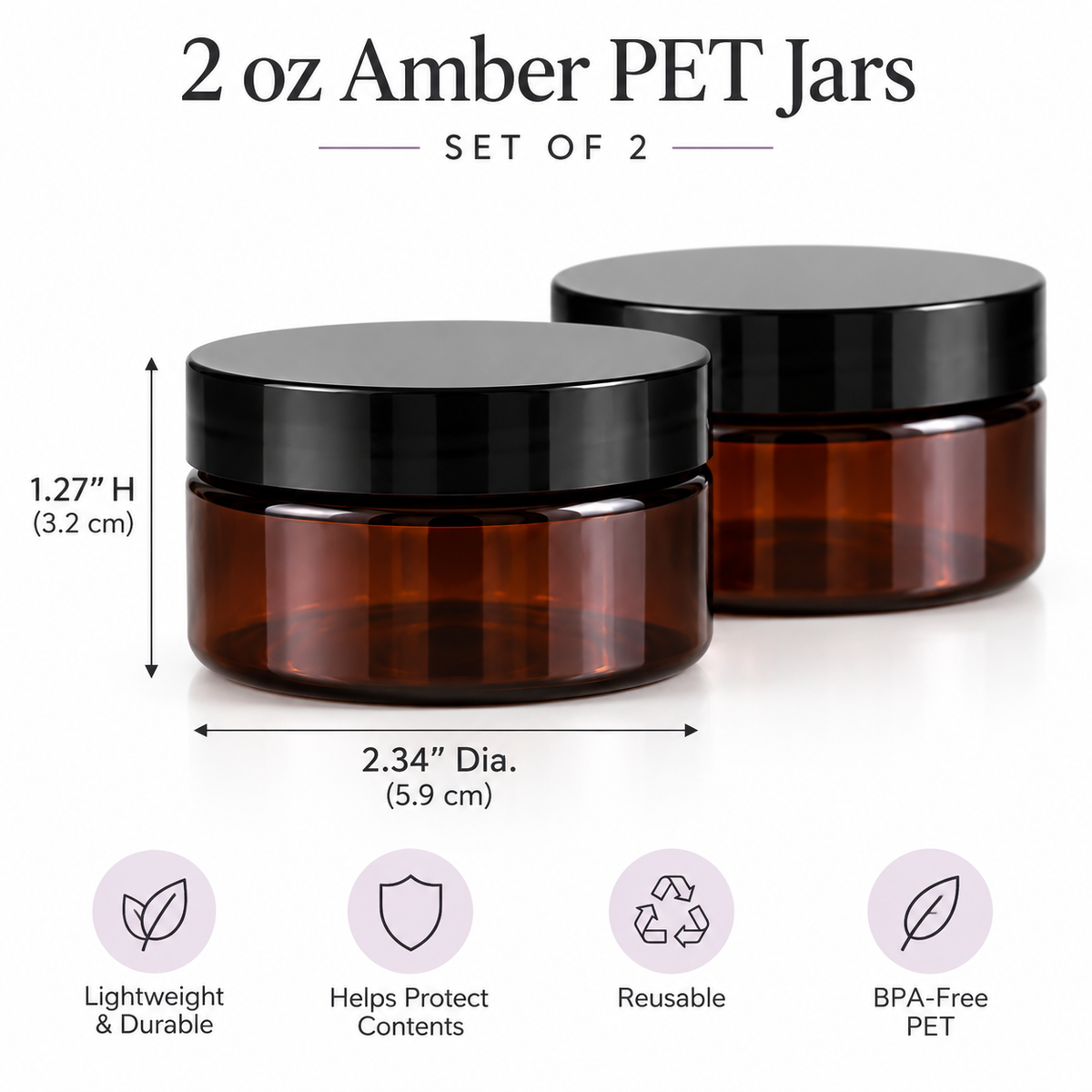 Two 2 oz amber PET jars with black lids on a white background, with text showing dimensions and feature icons for lightweight, durable, content protection, reusable, and BPA-free PET.