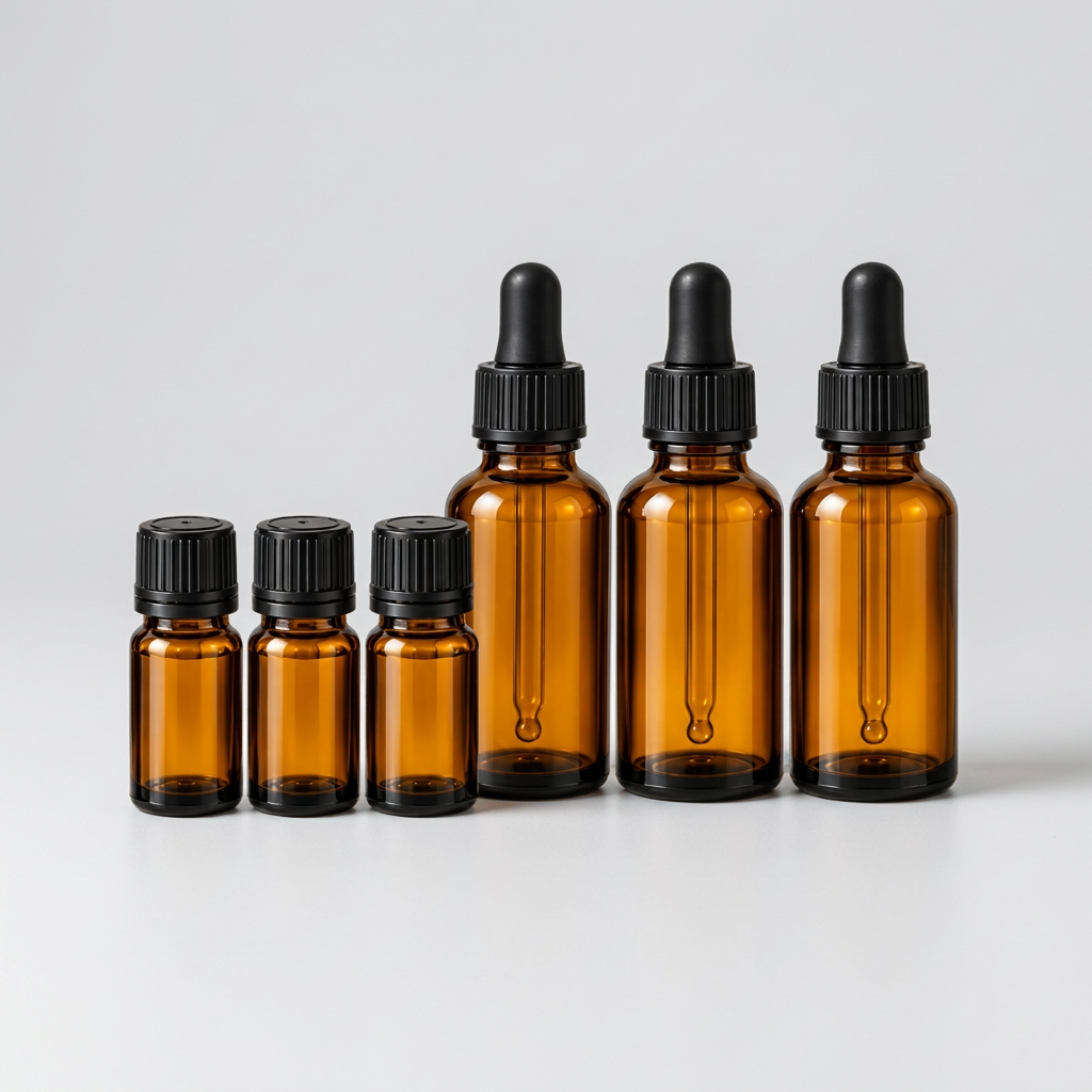 Six amber glass dropper bottles of different sizes with black rubber droppers and black ribbed caps, arranged by size on a white background.