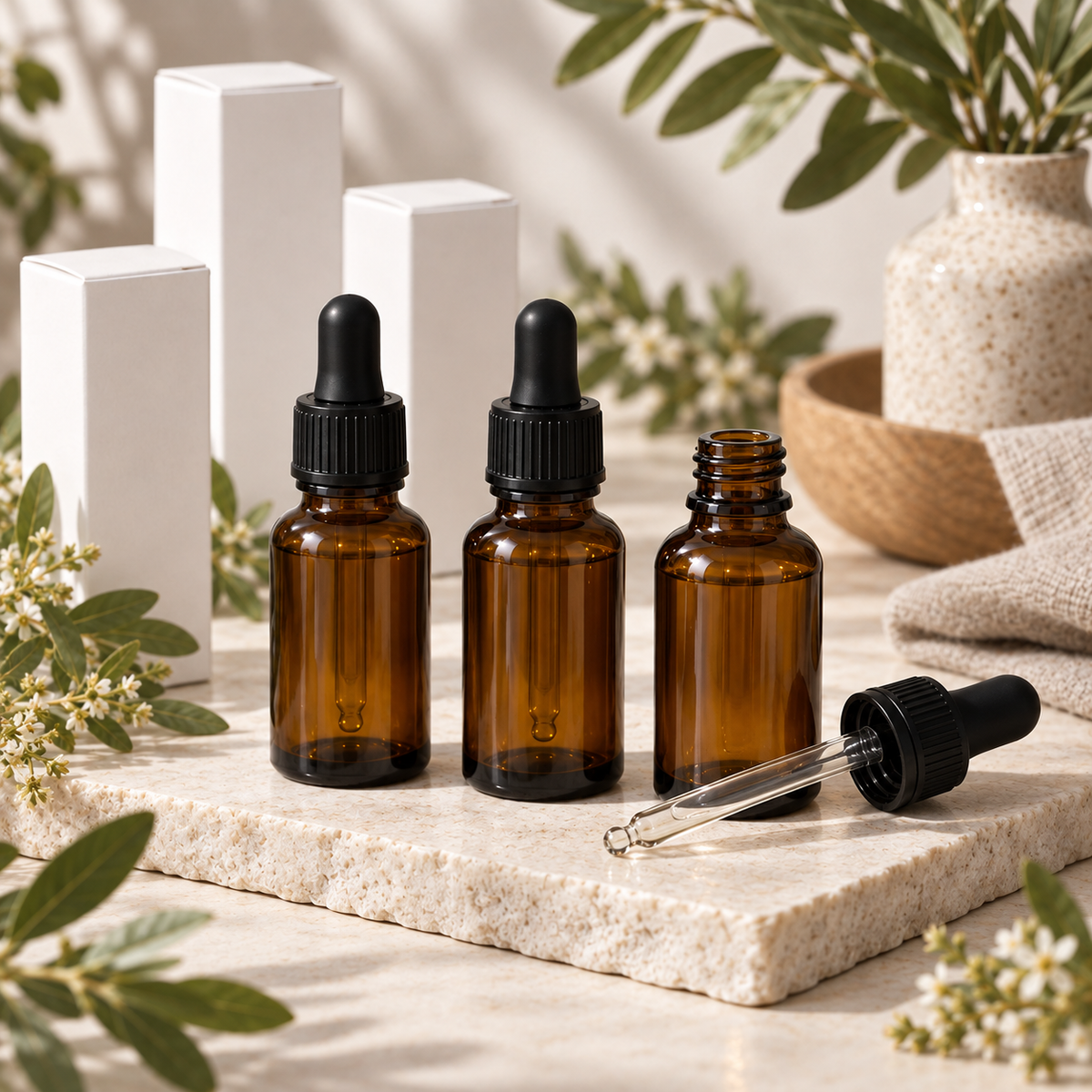 Three amber glass dropper bottles with black caps are arranged on a light stone slab, with one bottle open and a glass dropper lying beside it. White rectangular boxes, woven decor, and green leaves are softly blurred in the background.