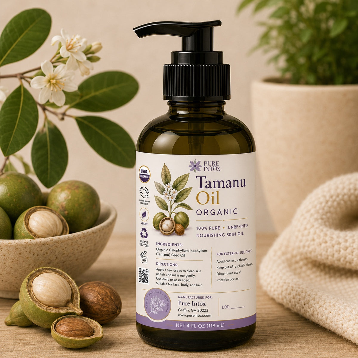 A bottle of Pure Intox Tamanu Oil Organic nourishing skin oil stands on a beige surface, surrounded by green tamanu fruits, white blossoms, and a soft beige knit blanket in a warm, styled setting.