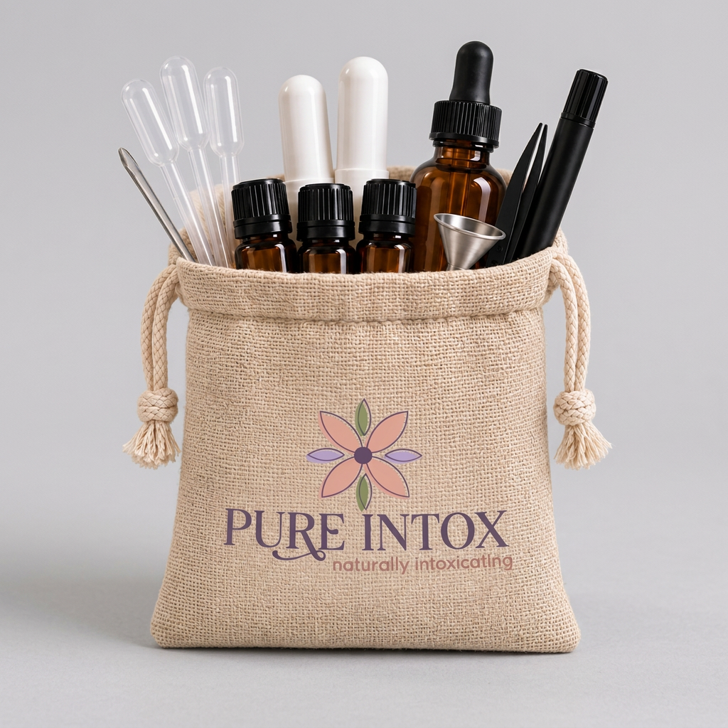 A beige burlap drawstring pouch with the brand name 'PURE INTOX' printed on the front, filled with essential oil bottles, droppers, and tools, set on a marble surface with decorative plants.