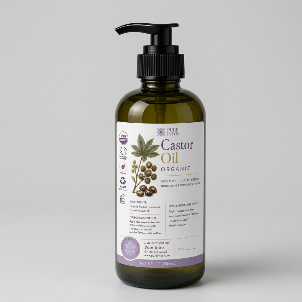 A bottle of Pure Intox Castor Oil Organic in an olive green glass bottle with a black pump, styled on a wooden surface with castor plants, seeds, and a beige knit blanket.
