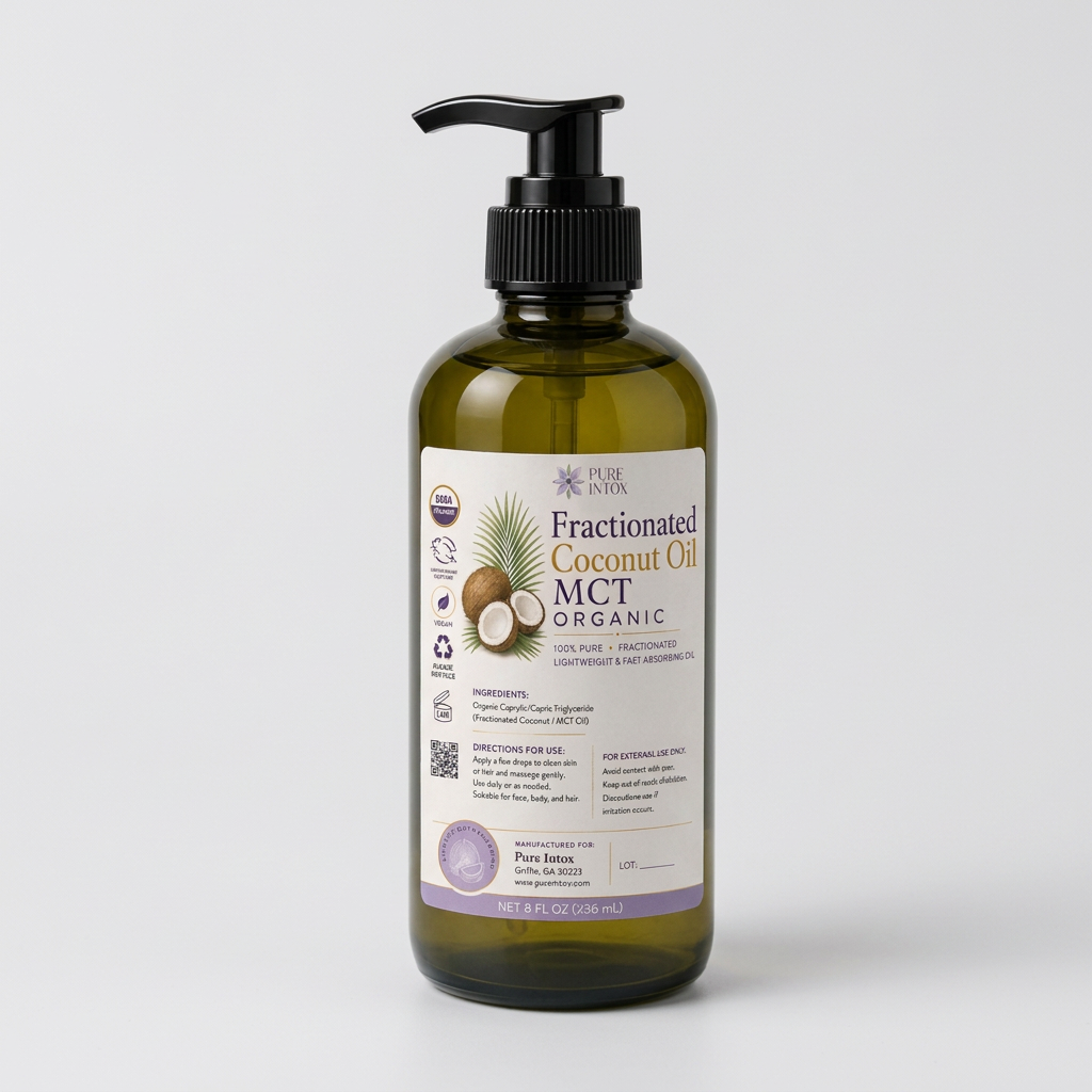 A bottle of Pure Intox Fractionated Coconut Oil MCT Organic in an amber glass pump bottle, styled on a wooden surface with coconuts, a knit blanket, and potted plants in the background.