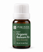 A 10 ml amber glass bottle of Pure Intox Root Organic Balsam Fir essential oil with a white ribbed cap and a dark green label, shown on a white background.