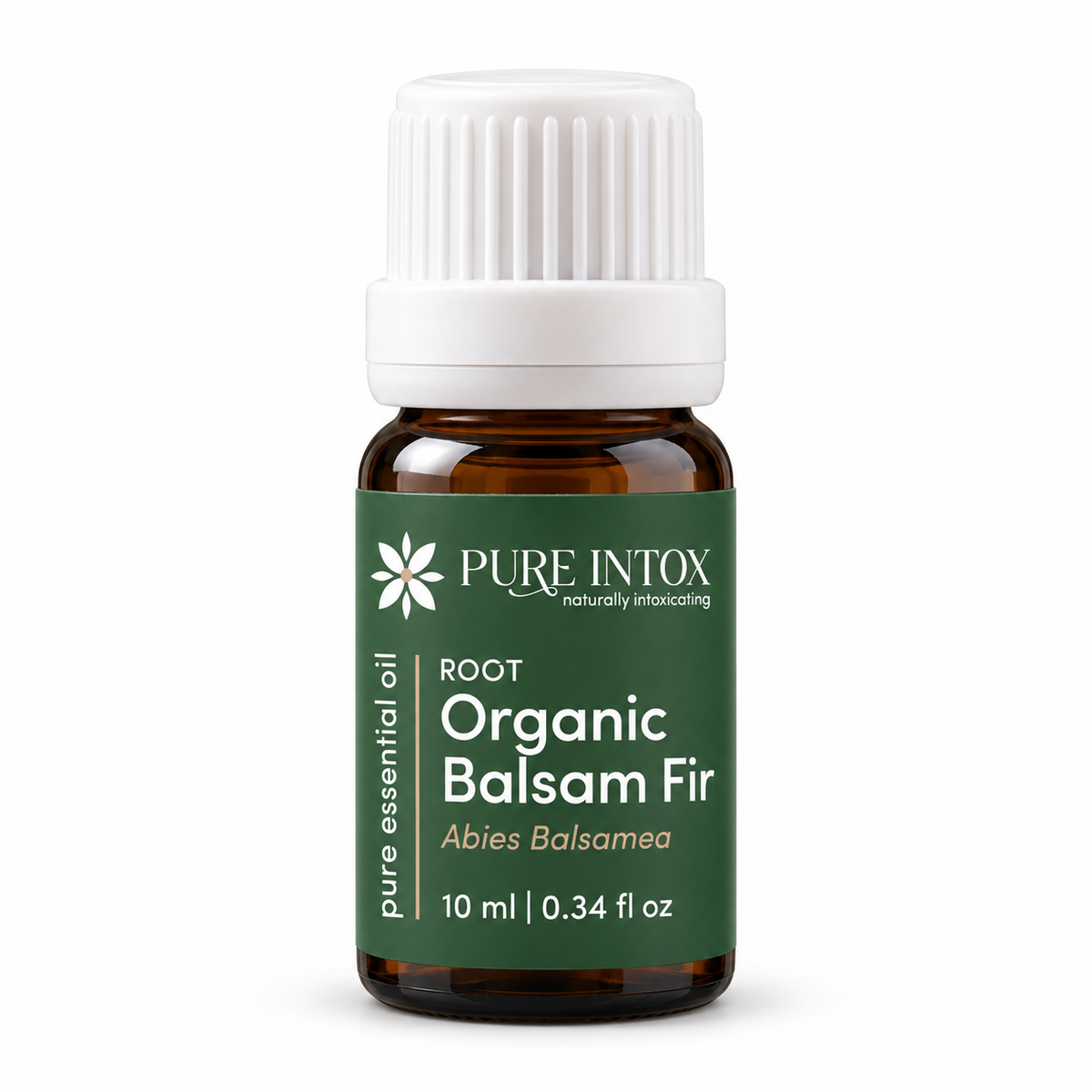 A 10 ml amber glass bottle of Pure Intox Root Organic Balsam Fir essential oil with a white ribbed cap and a dark green label, shown on a white background.