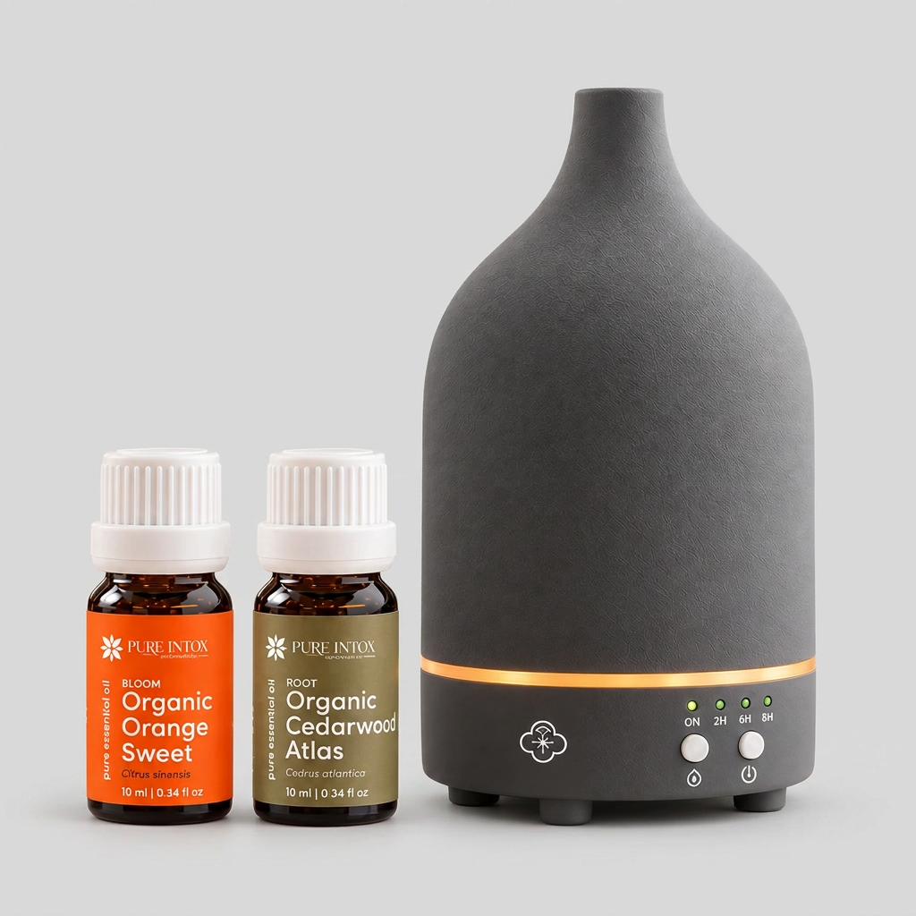 A matte black ceramic diffuser with a glowing orange LED band and two small Pure Inton essential oil bottles on a clean white background.