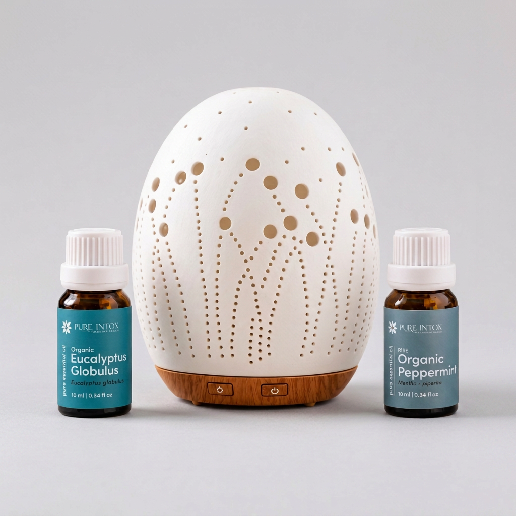 A white ceramic diffuser with laser-cut geometric patterns and a wooden base, flanked by two Pure Inton essential oil bottles labeled Organic Eucalyptus Globulus and Organic Peppermint on a white background.