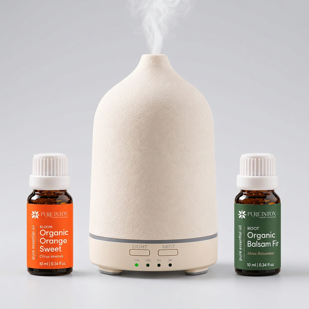 A Pure Intox essential oil diffuser set featuring a textured cream-colored diffuser in the center, emitting a plume of steam, flanked by two small amber bottles of Pure Inton essential oils: Organic Orange Sweet on the left with an orange label, and Organic Balsam Fir on the right with a green label.