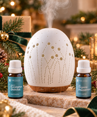Pure Intox Fresh Start aromatherapy gift set with Meadow Ceramic Diffuser, Organic Eucalyptus Globulus and Organic Peppermint essential oils in a festive holiday setting.