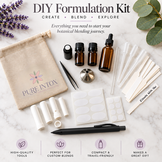 DIY Formulation Kit by Pure Intox laid out on a white marble background, including amber glass bottles, a beige drawstring bag, plastic pipettes, mixing sticks, tweezers, caps, and other blending tools, with text overlays and botanical accents.
