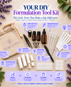 A DIY formulation tool kit laid out on a light beige fabric surface with illustrated callouts pointing to each included item, including a muslin bag, empty bottles, transfer pipettes, labels, glass stirrer, tweezers, mini funnel, pen, and scent strips. The image is branded Pure Intox and includes lavender illustrations around the edges.