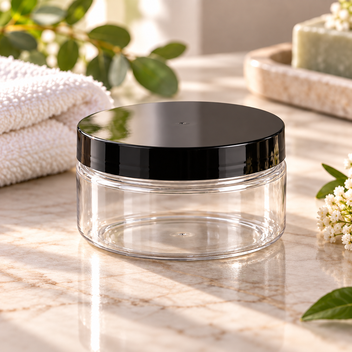 Clear 8 oz PET Wide Mouth Jar with Black Cap