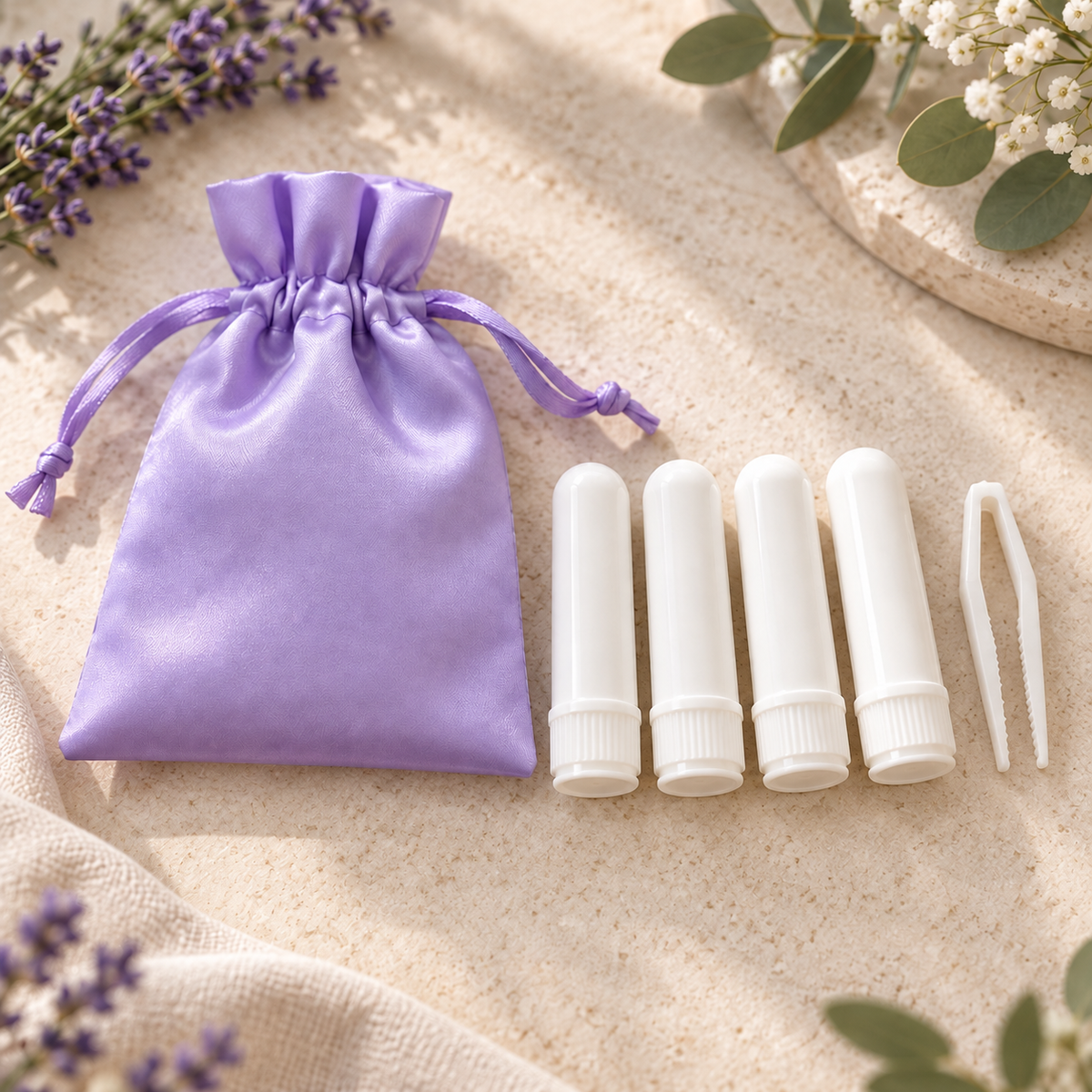 A lavender satin drawstring pouch, four white lip balm tubes, and a pair of white tweezers arranged on a beige textured surface with decorative lavender and greenery.
