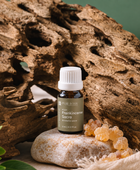 A small amber glass bottle of Pure Intox Frankincense Sacra essential oil with a white cap, styled on a stone in front of a large piece of driftwood with green leaves and amber resin beads.