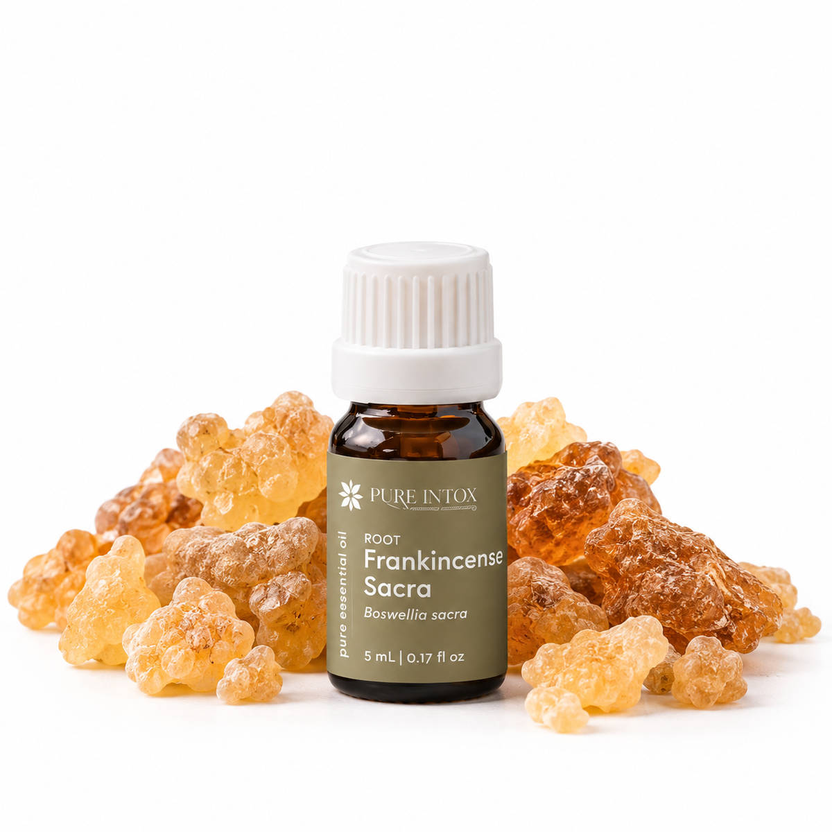 A 5 mL bottle of Pure Intox Root Frankincense Sacra essential oil, surrounded by golden amber resin crystals on a clean white background.