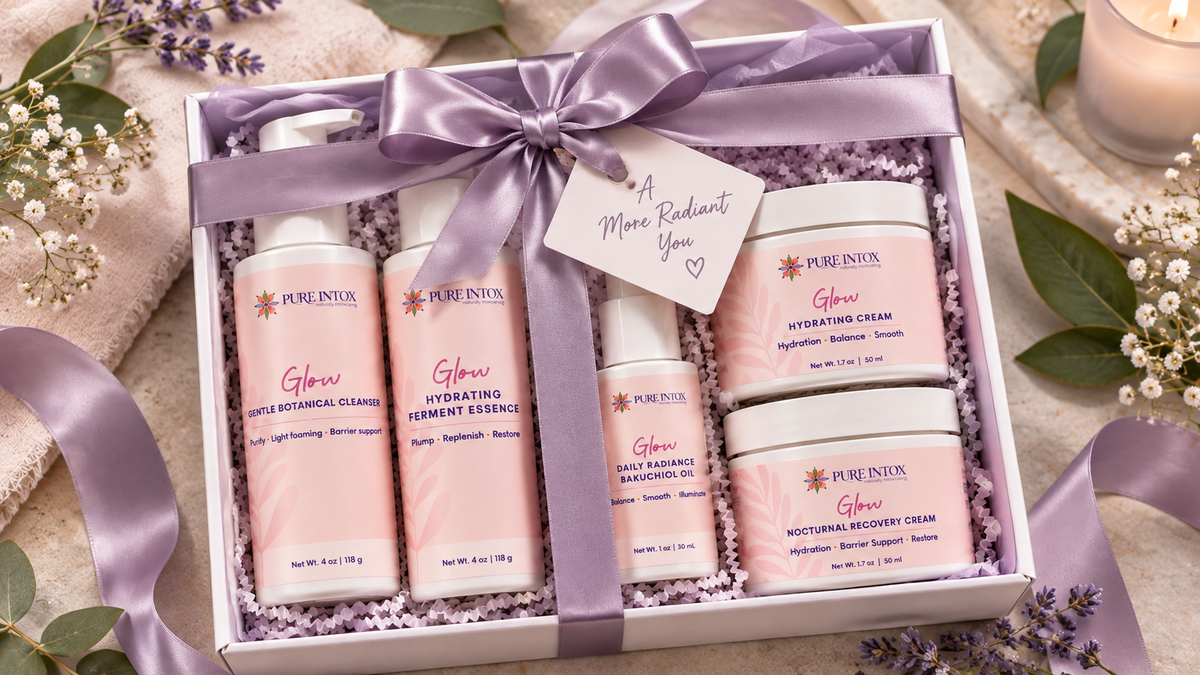 A gift set of Pure Intox skincare products in a white box tied with a lavender ribbon. The set includes four pump bottles and three cream jars in soft pink and white packaging, arranged in shredded purple filler with a small gift tag reading 'A More Radiant You'