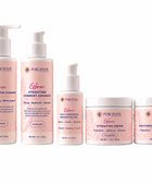 A set of six Pure Intox skincare products arranged in a row against a white background, including cleansers, toners, and creams in pink and white packaging.