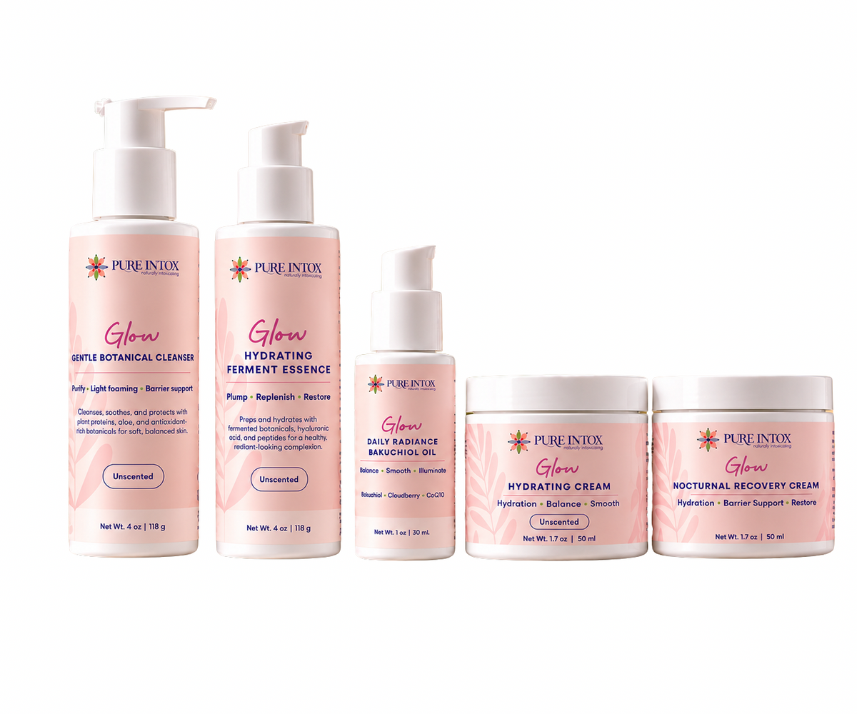 A set of six Pure Intox skincare products arranged in a row against a white background, including cleansers, toners, and creams in pink and white packaging.