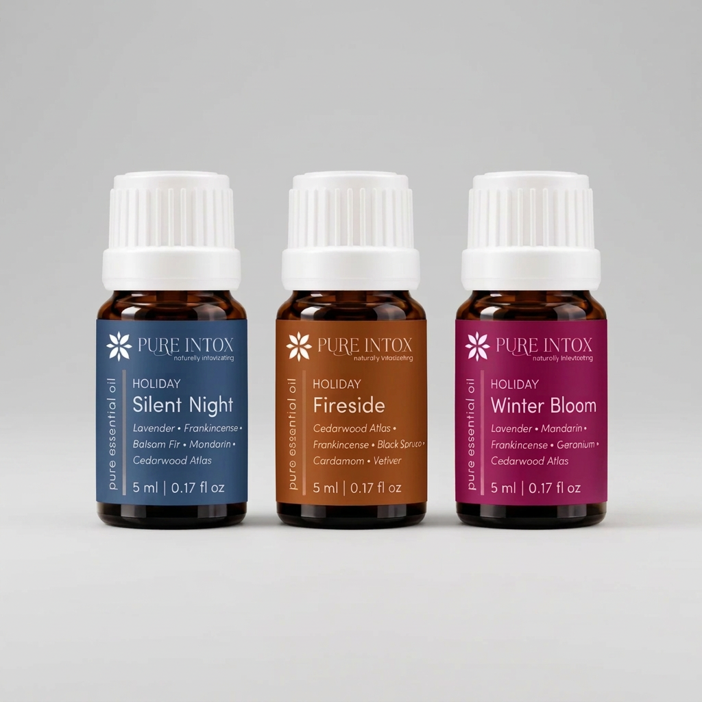 Three small amber glass essential oil bottles with white ribbed caps on a light gray background. The labels read PURE INTOX and show three holiday scent options: Holiday Silent Night in blue, Holiday Fireside in brown, and Holiday Winter Bloom in magenta.