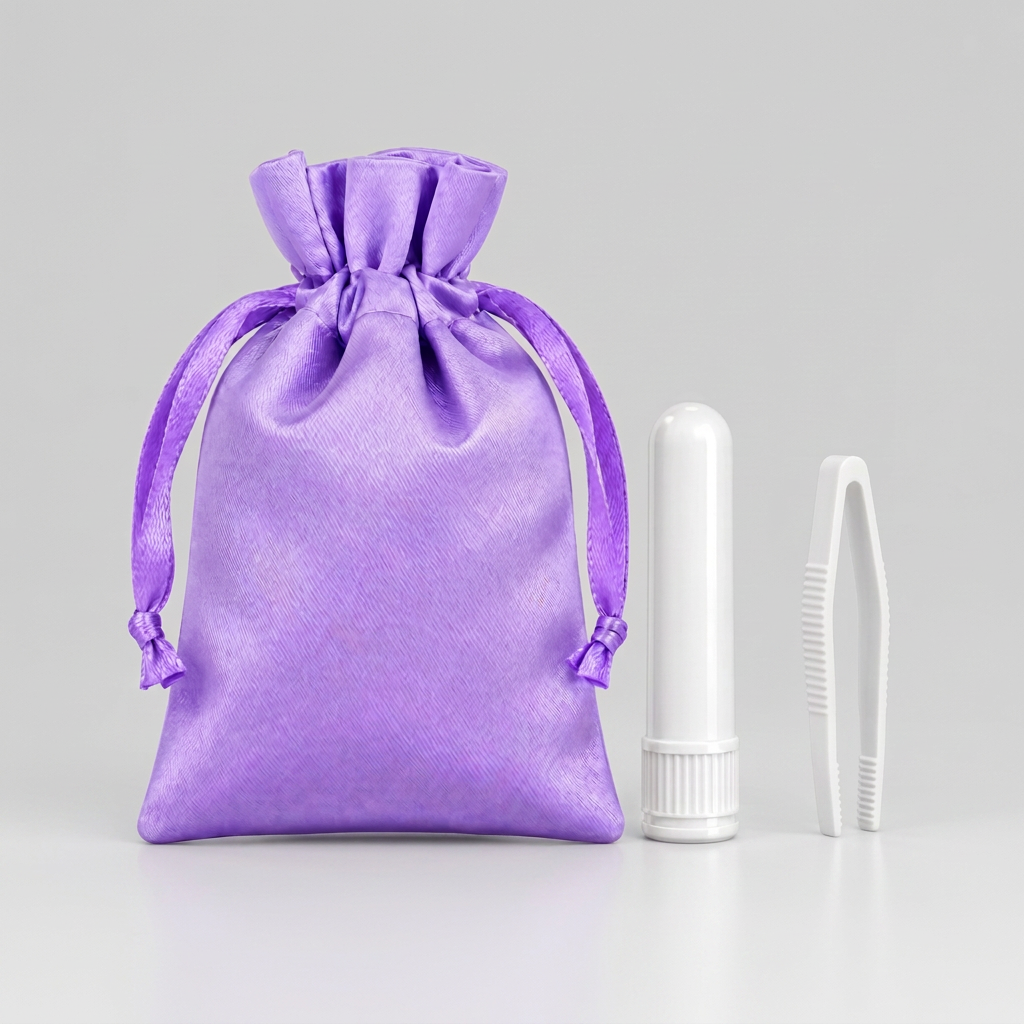 A lavender purple satin drawstring pouch shown next to a white plastic tube and a white plastic tweezers tool on a clean white background.