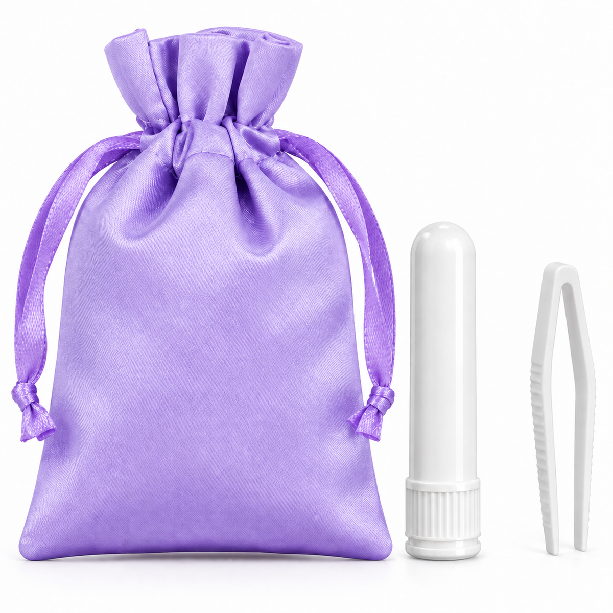 A lavender purple satin drawstring pouch shown next to a white plastic tube and a white plastic tweezers tool on a clean white background.