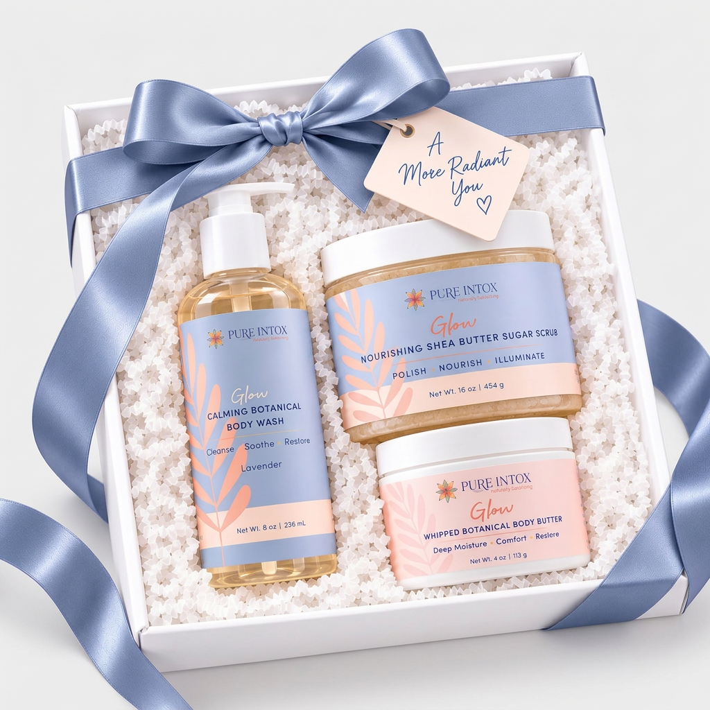 A PURE INTox'Glow' gift set in a white box lined with white shredded paper and tied with a blue satin ribbon. The set includes a body wash bottle, a sugar scrub jar, and a body butter jar, with a small gift tag that reads 'A More Radiant You'.