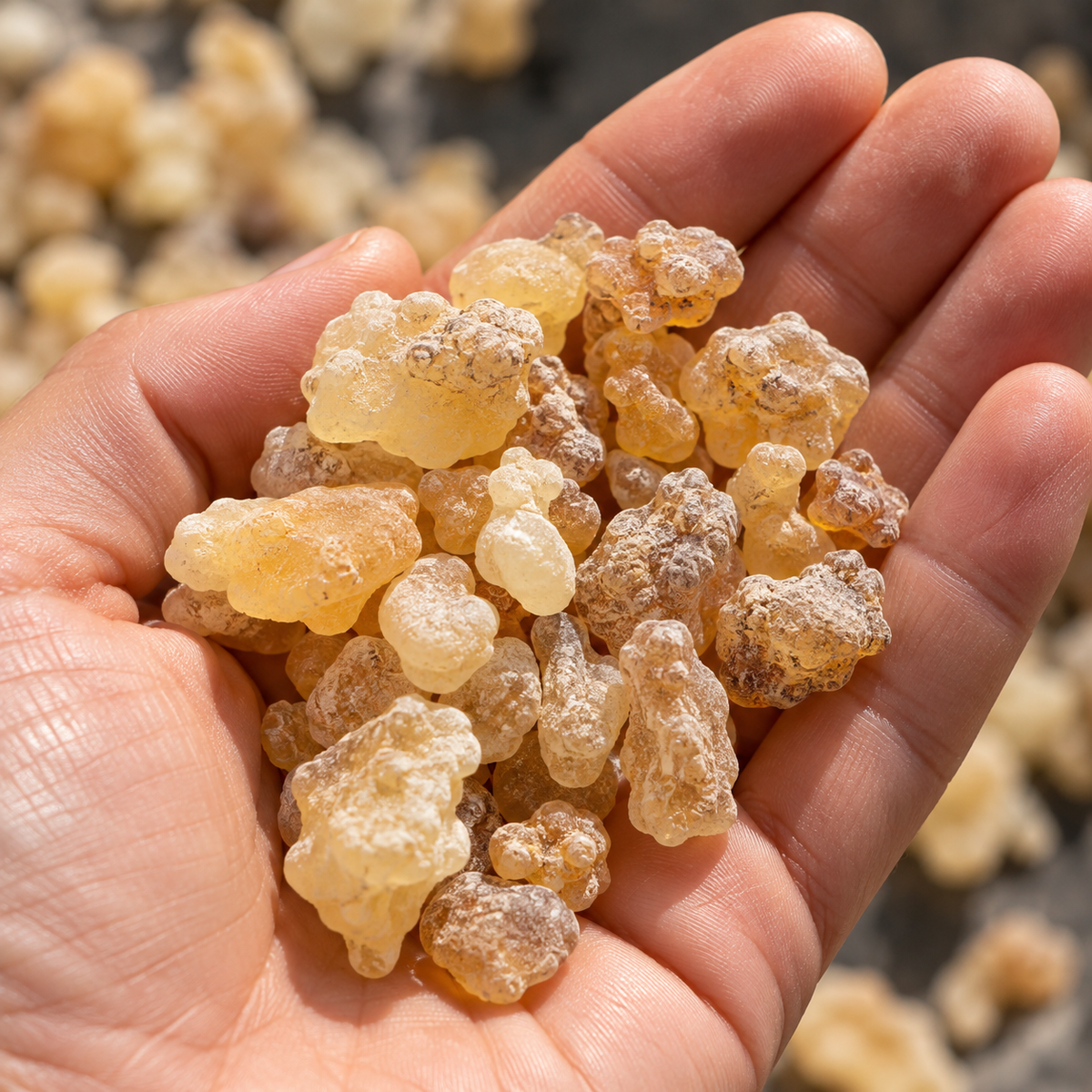 A close-up of a hand holding a pile of translucent, amber-colored natural resin or gum pieces, with more pieces blurred in the background.