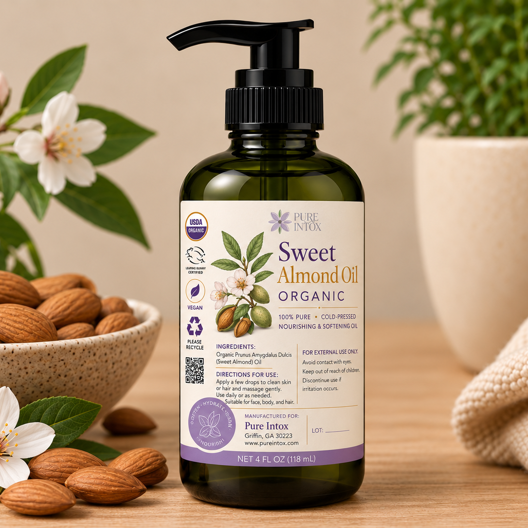 A bottle of Pure Intox Sweet Almond Oil Organic in a dark green glass bottle with a black pump, styled on a wooden table with almonds, white blossoms, and a beige knit blanket.