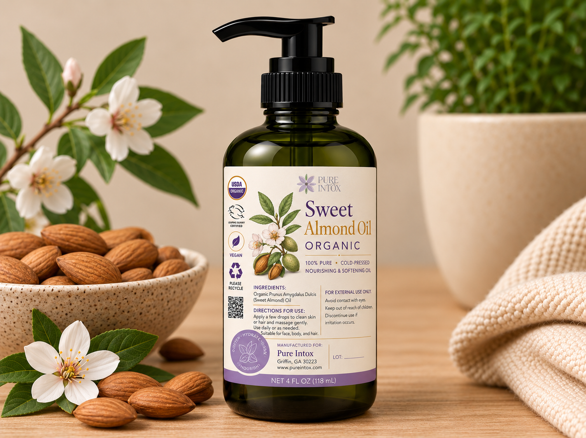 A bottle of Pure Intox Sweet Almond Oil Organic in a dark green glass bottle with a black pump, styled on a wooden table with almonds, white blossoms, and a beige knit blanket.
