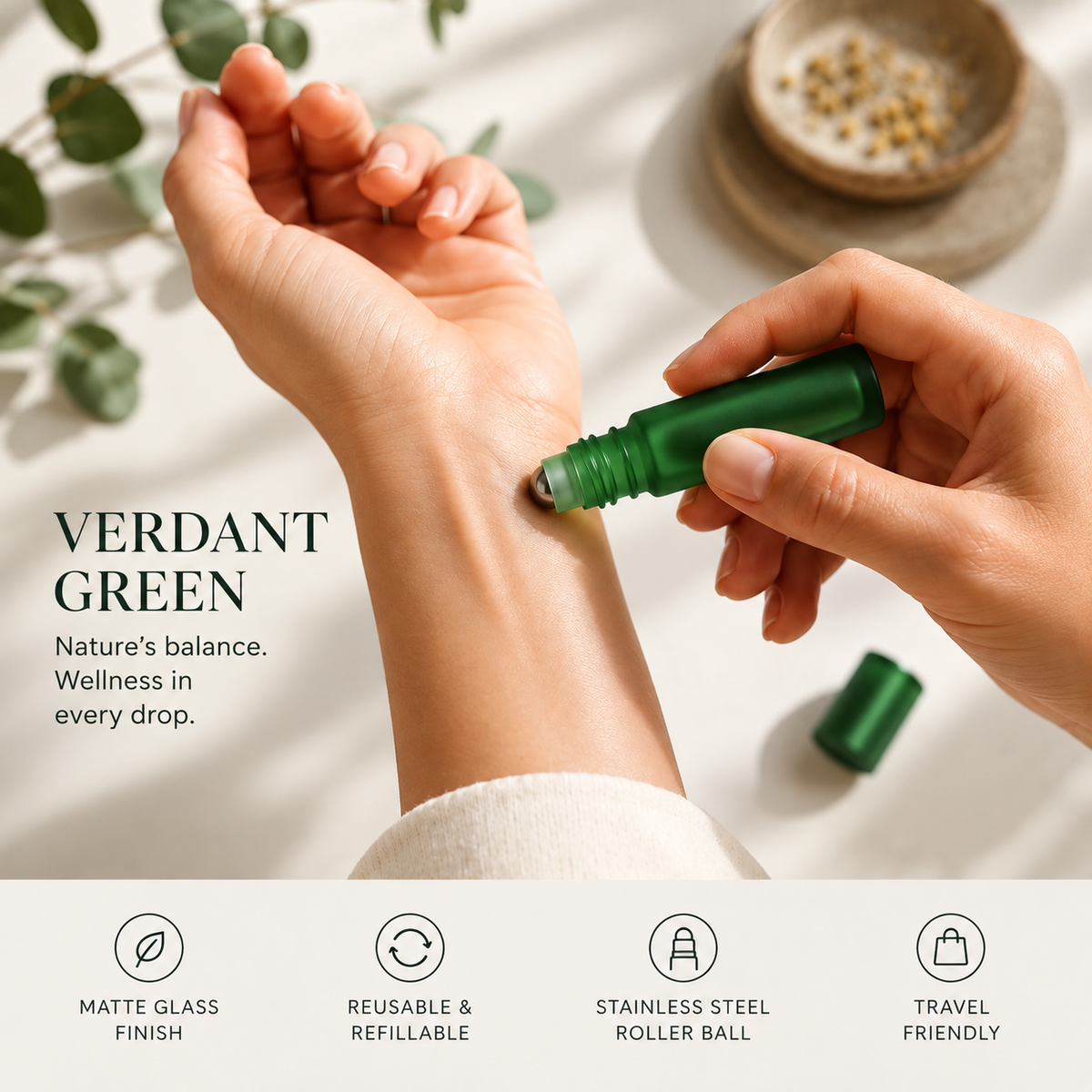 10 mL Matte Glass Roll-On Bottle – Verdant Green