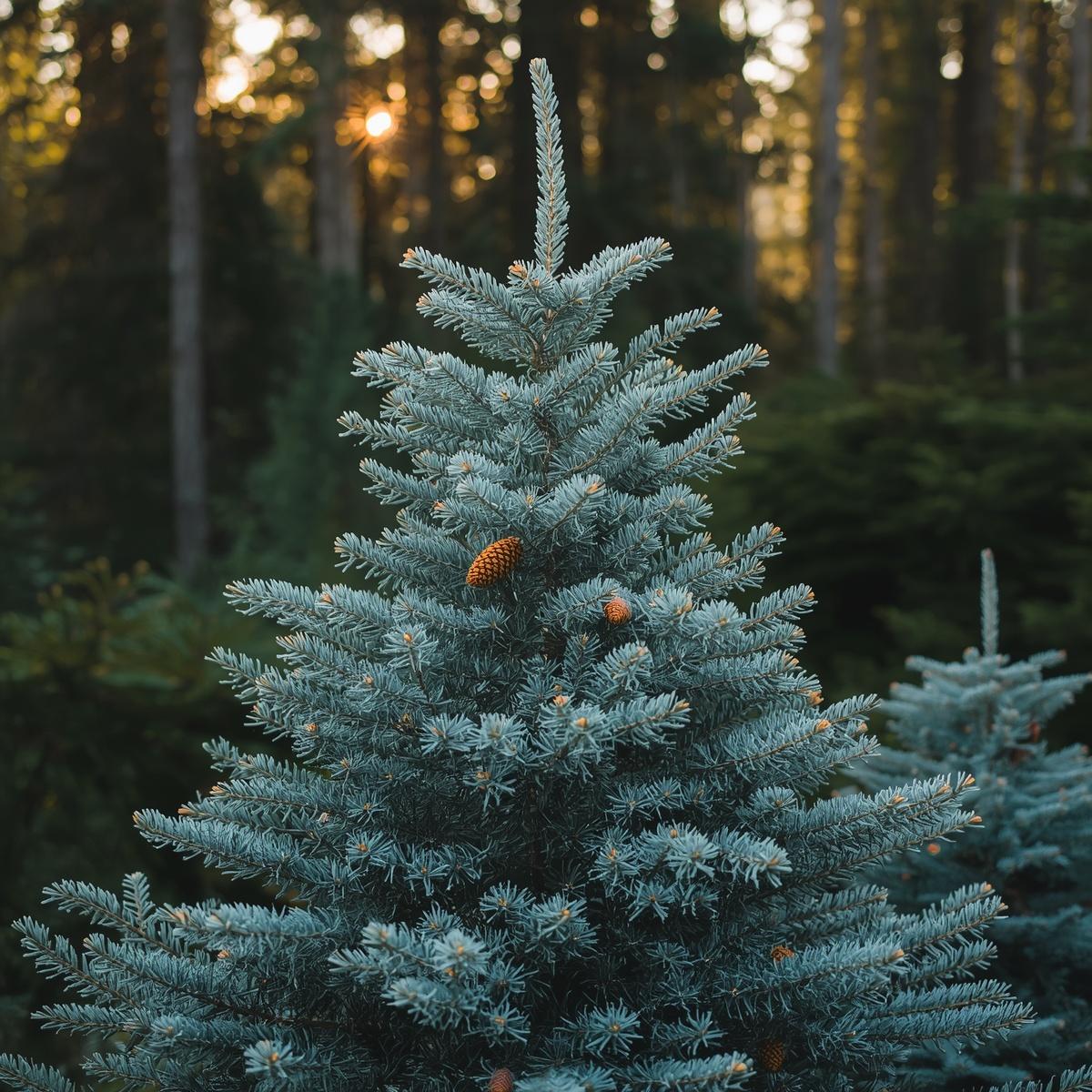 Tall evergreen tree with a forest background during sunset.