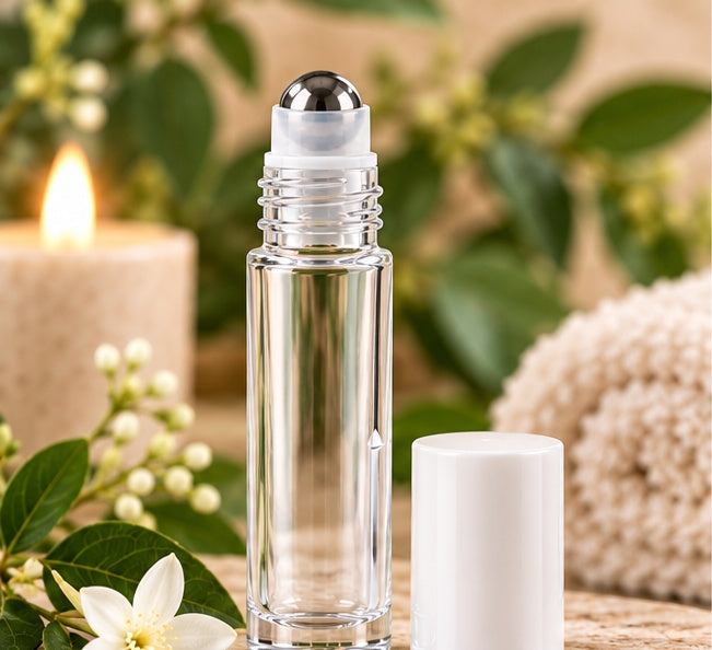 A clear glass roller bottle with a silver ball top and a separate white cap, styled on a wooden surface with green leaves, white flowers, a lit candle, and a soft beige textile in the background.