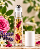A clear glass roller bottle with a white cap and silver ball top, filled with dried flower petals, shown beside a white cylindrical container on a tabletop with flowers and greenery in the background.