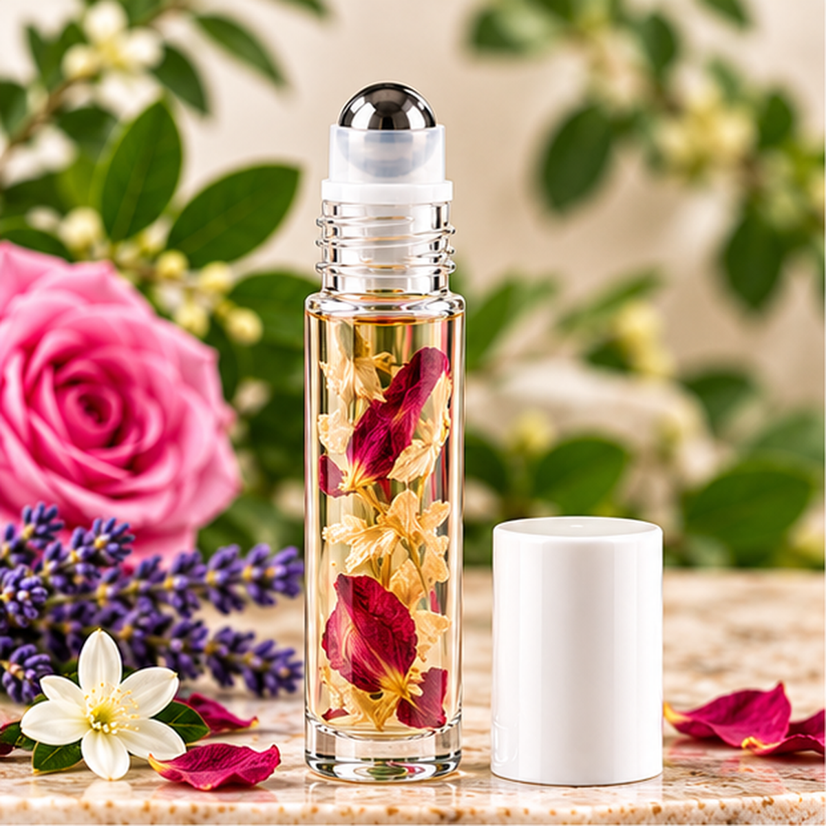 A clear glass roller bottle with a white cap and silver ball top, filled with dried flower petals, shown beside a white cylindrical container on a tabletop with flowers and greenery in the background.