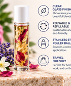 A clear glass roller bottle with a white cap stands on a stone surface, filled with yellow oil and dried flower pieces. Blue text on the right lists product features like clear glass finish, reusable refillability, stainless steel roller ball, and travel friendliness, with flowers and lavender props around it.