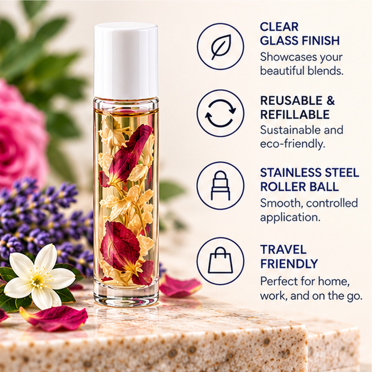 A clear glass roller bottle with a white cap stands on a stone surface, filled with yellow oil and dried flower pieces. Blue text on the right lists product features like clear glass finish, reusable refillability, stainless steel roller ball, and travel friendliness, with flowers and lavender props around it.