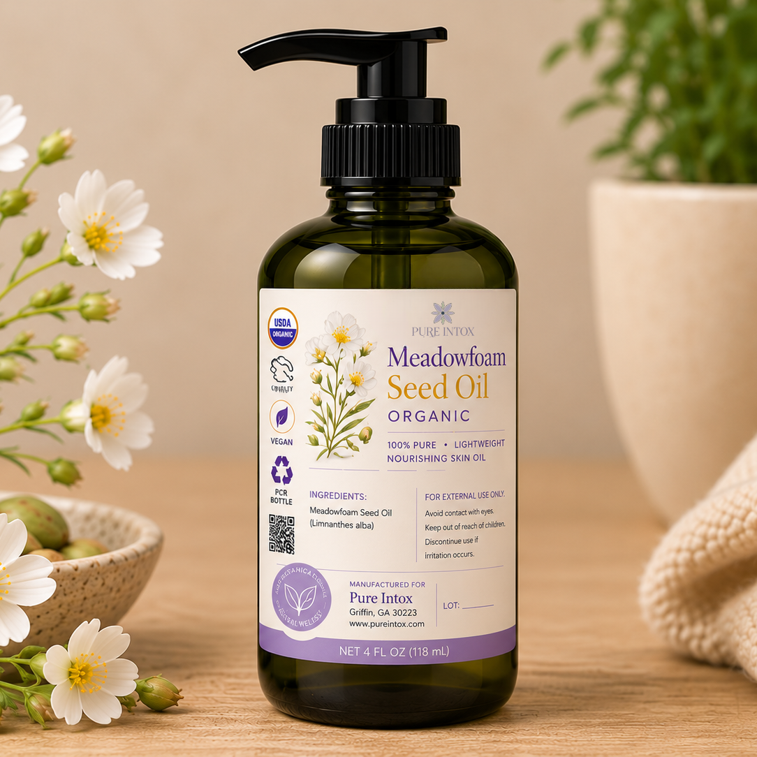 A bottle of Pure Intox Meadowfoam Seed Oil Organic in a dark green glass pump bottle, styled on a wooden surface with white wildflowers, a beige knit blanket, and a potted plant in the background.