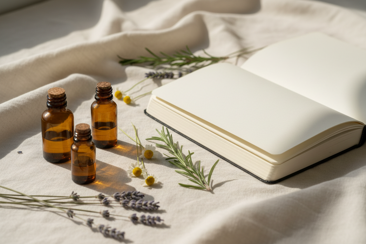 Open journal with essential oils and dried botanicals