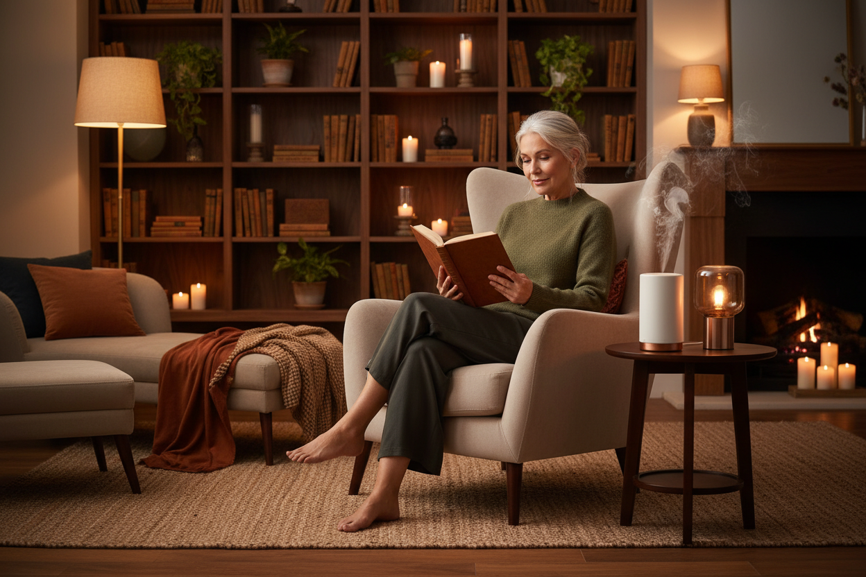 Older woman reading in the evening with diffuser